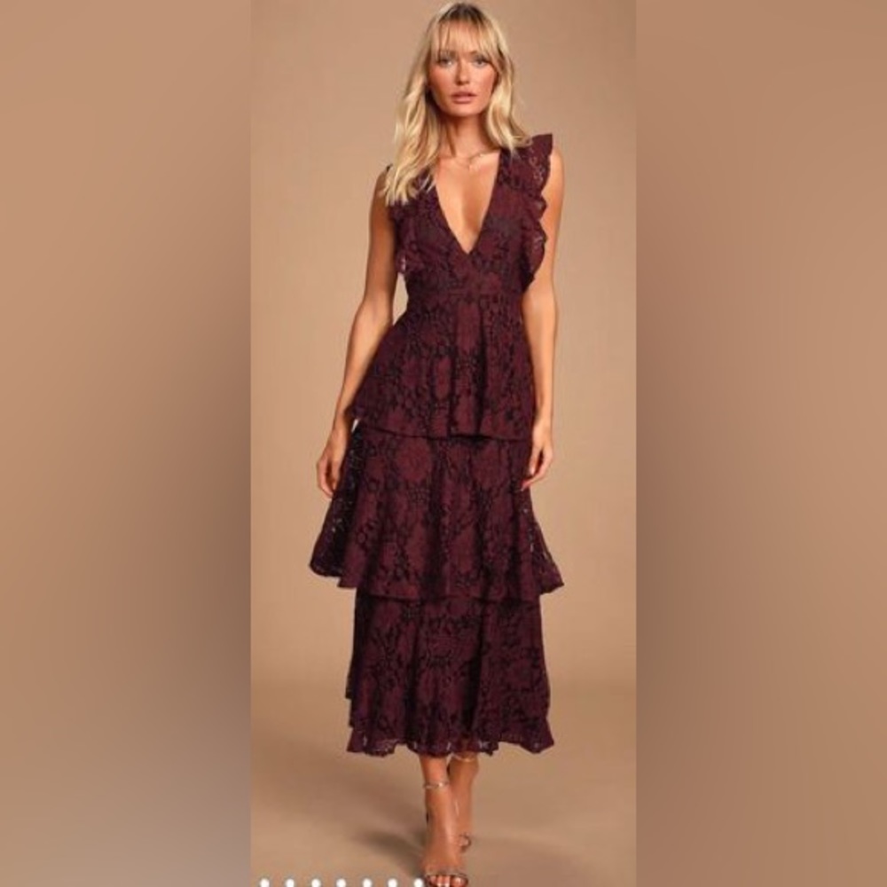 New! Lulus Molinetto Burgundy Lace Ruffled Tiered Sleeveless Maxi Dress